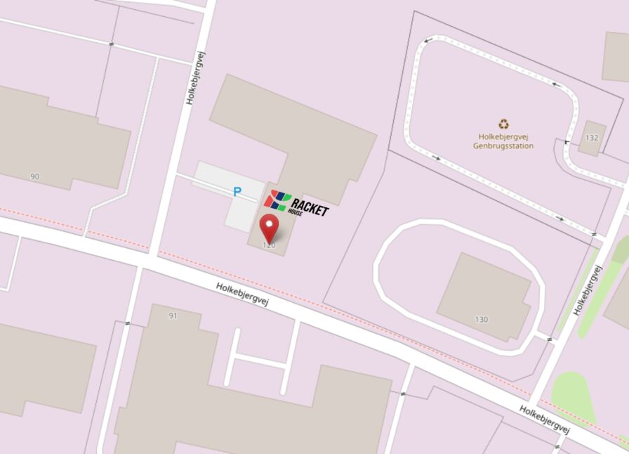 visning på kort over hvor Racket House Odense, hvor parkering og butikken er